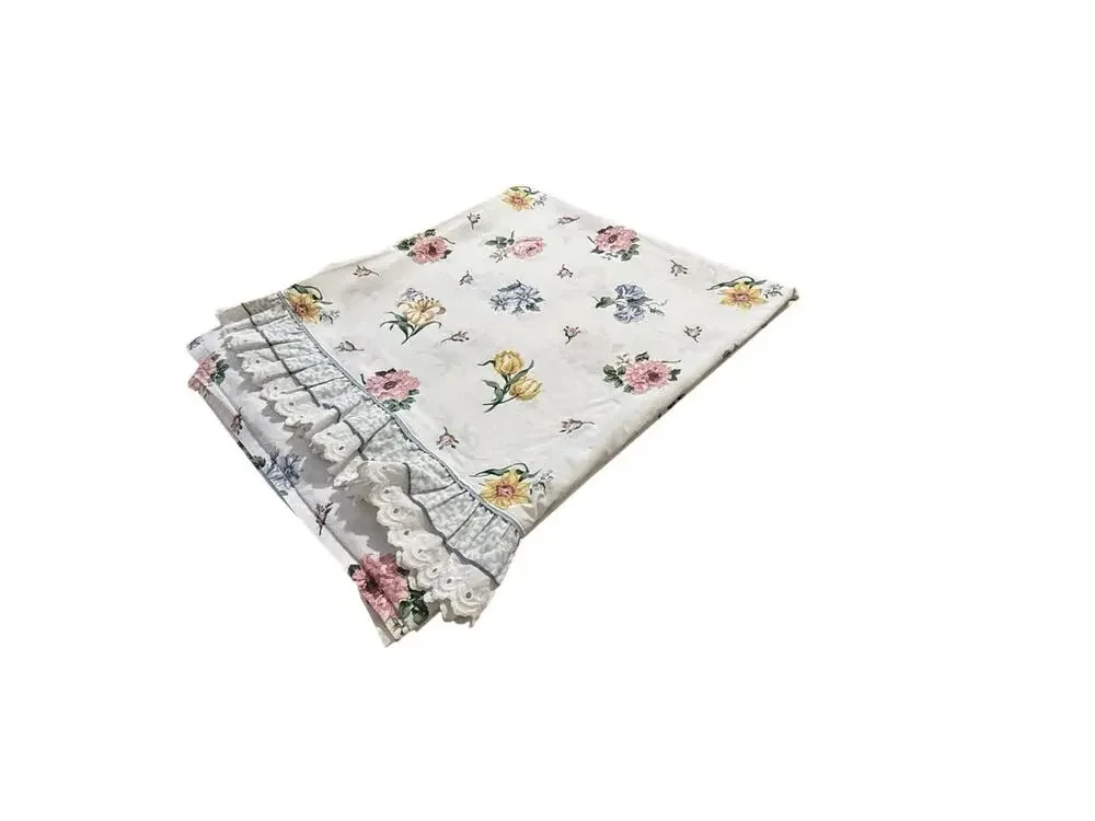 Vintage Cannon Floral Print Flat Sheet Queen Size No Iron Percale Ruffled Trim